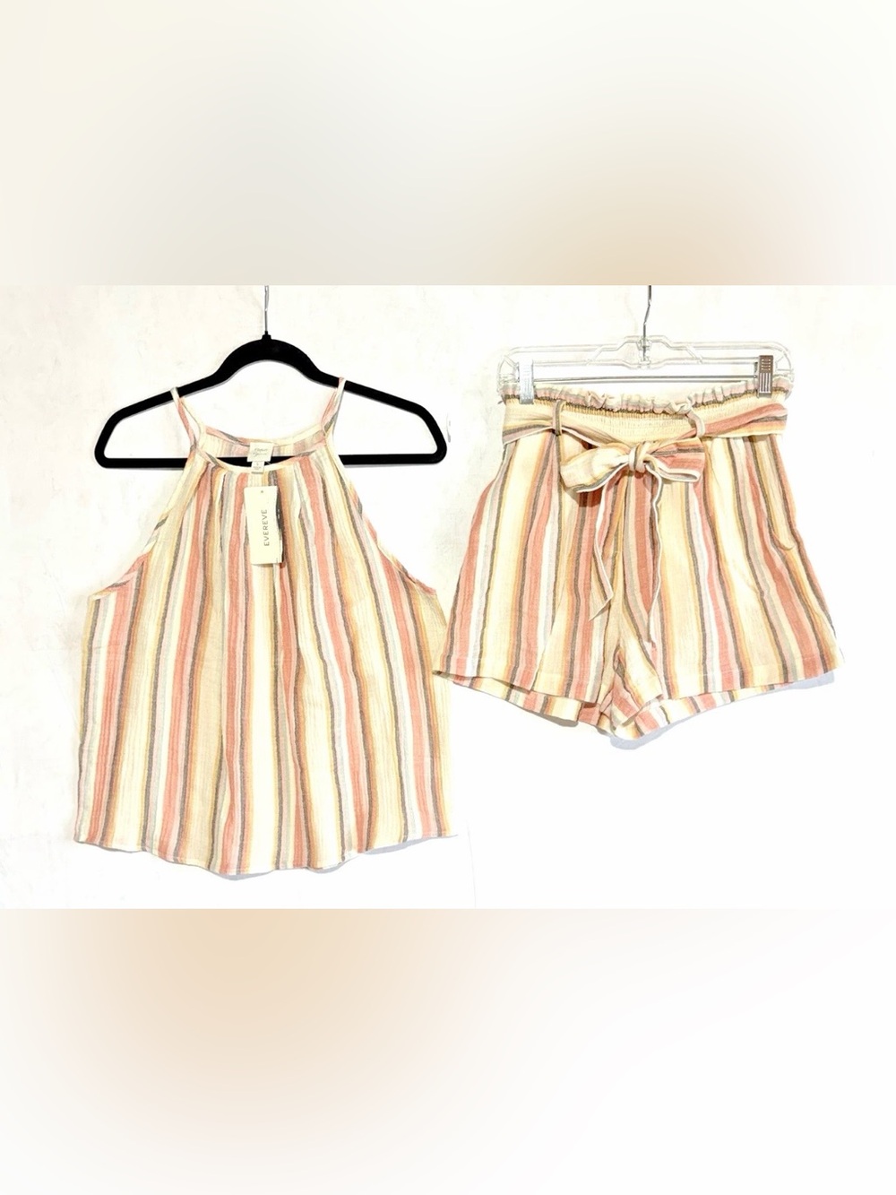 NWT EVEREVE Roan + Ryan Multi Stripe Gauze Halter Top and Shorts Set, Size Small